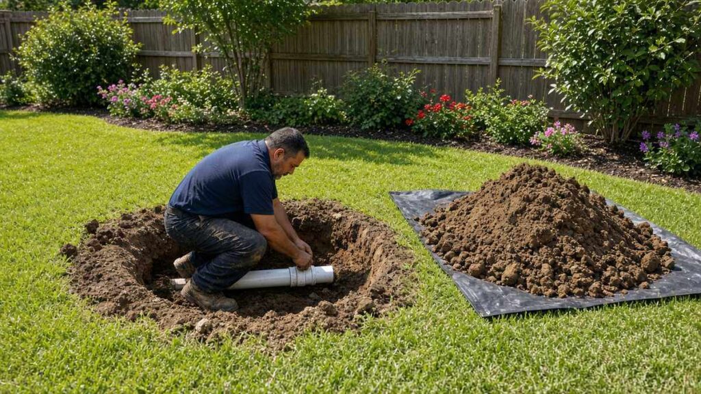 Nick's Plumbing technician repairing one section of sewer pipe in a small excavated hole