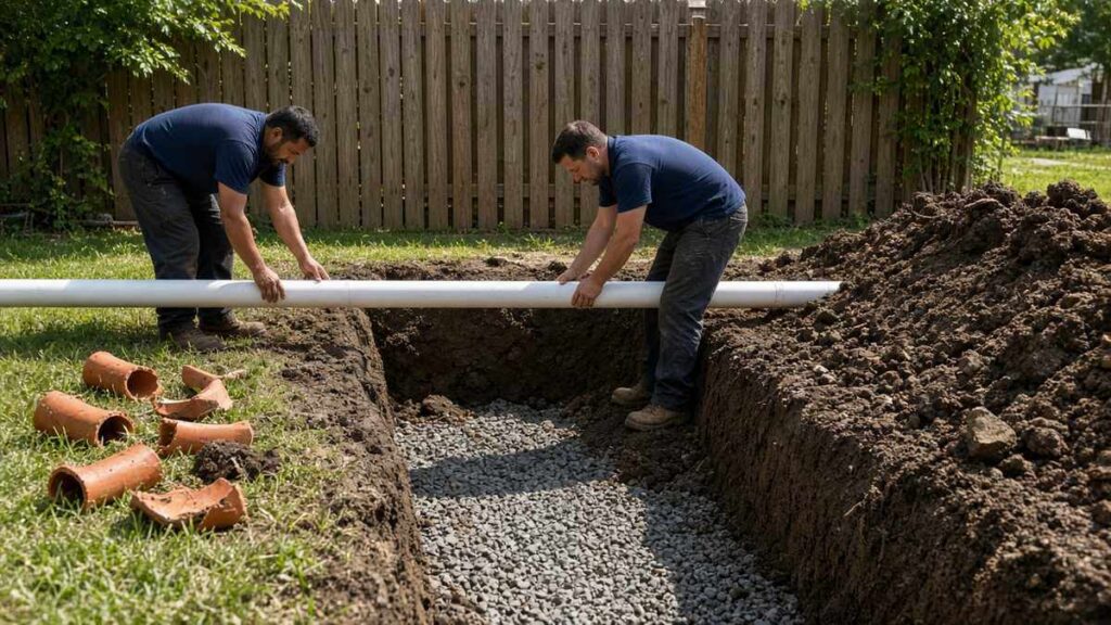 Nick's Plumbing crew laying a new PVC sewer pipe in a trench beside removed clay pipe