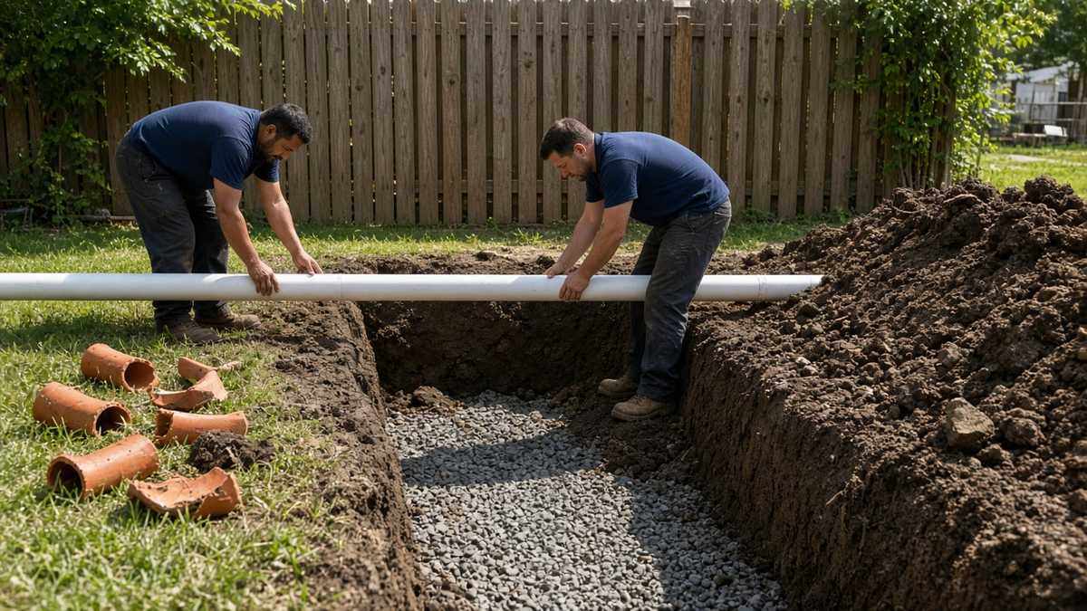 Nick's Plumbing crew laying a new PVC sewer pipe in a trench beside removed clay pipe