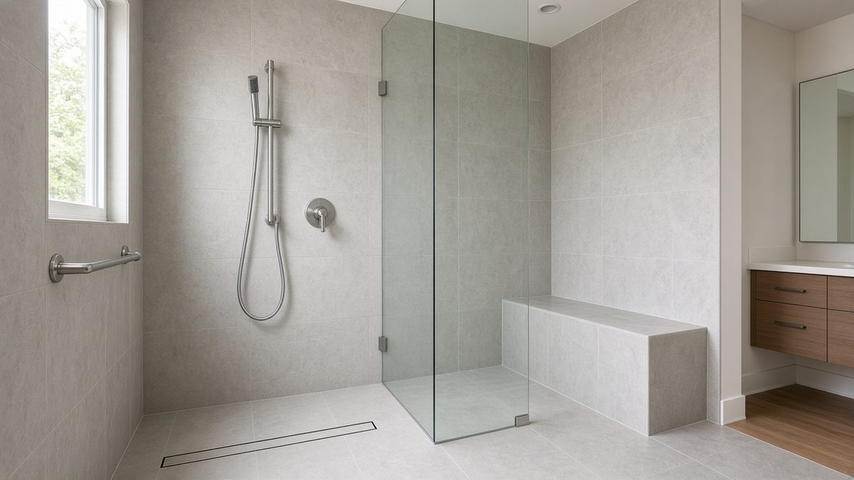 Curbless barrier-free walk-in shower with a tiled bench, grab bar, and handheld showerhead