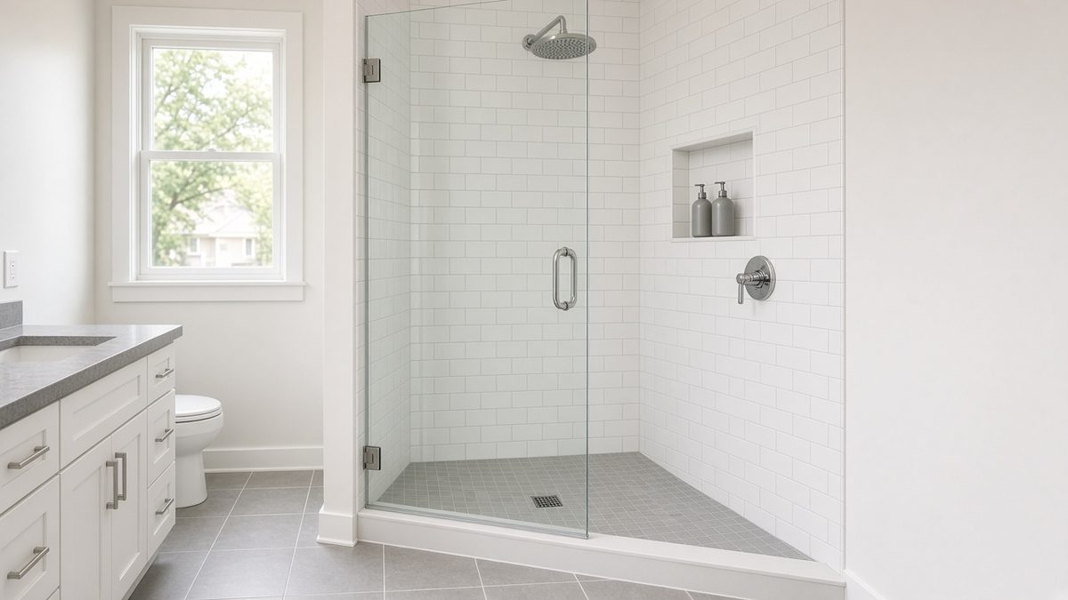 Newly installed walk-in shower with white subway tile and a frameless glass door in a Houston home