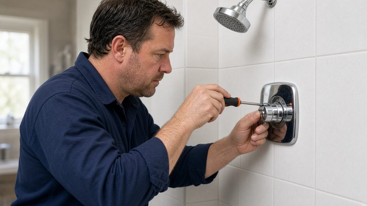 Nick's Plumbing technician installing a chrome shower valve trim on a tiled shower wall