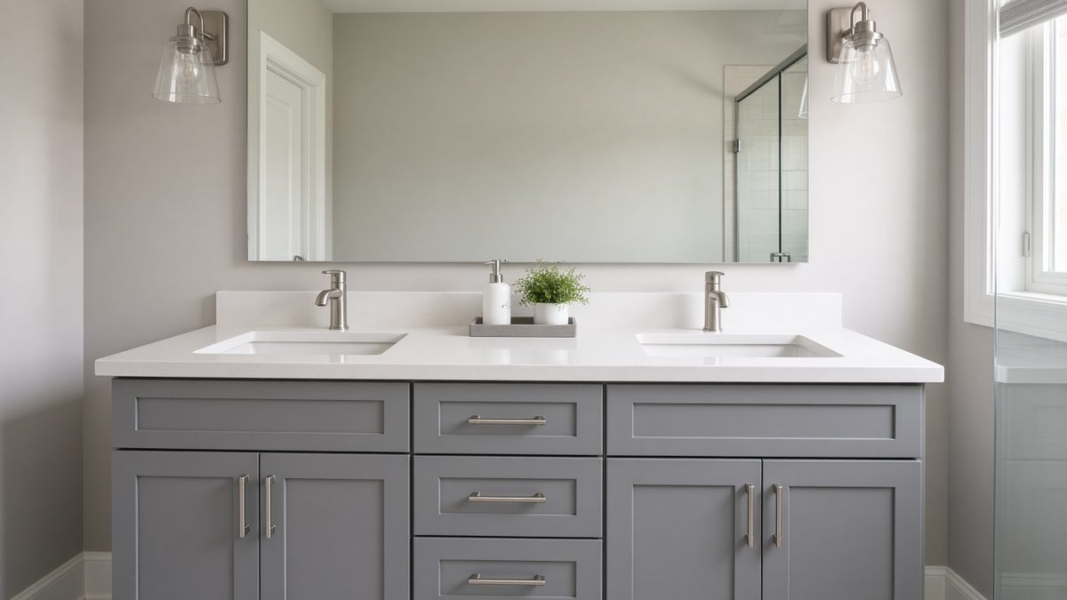 Bathroom double vanity with two white undermount sinks and brushed nickel faucets