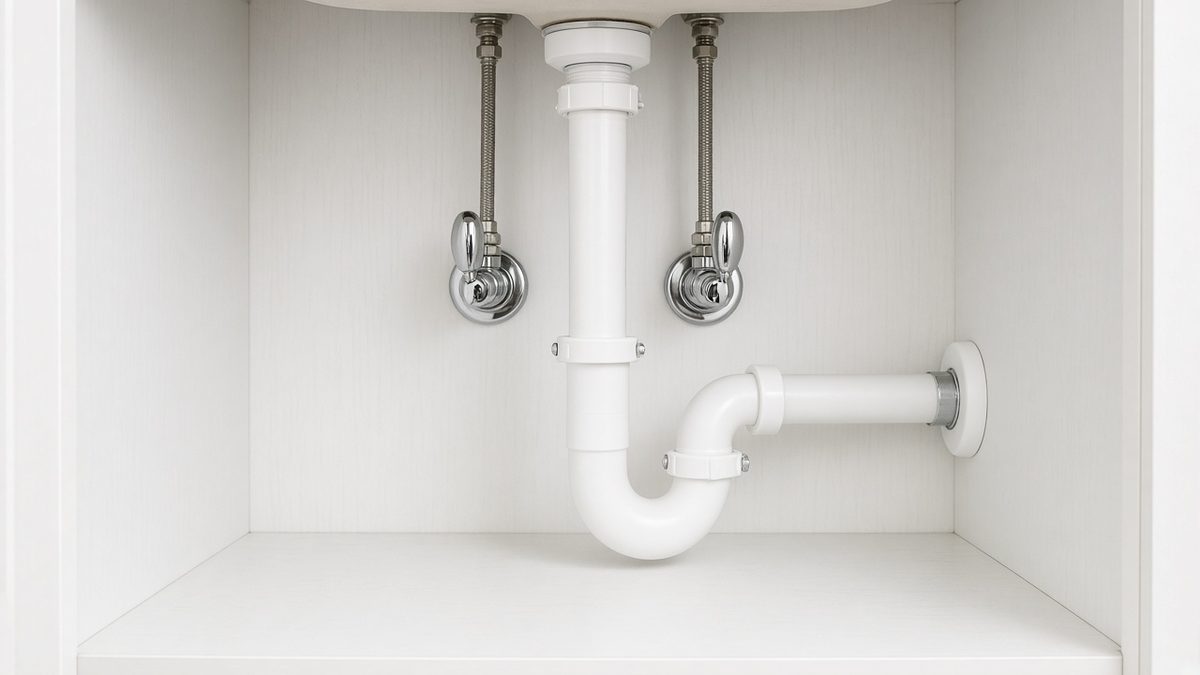 Sink drain P-trap and braided supply lines connected to chrome shutoff valves inside a vanity cabinet