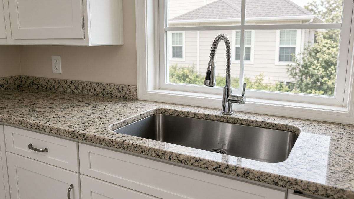 New stainless steel undermount kitchen sink with a pull-down faucet in a granite countertop in a Houston home