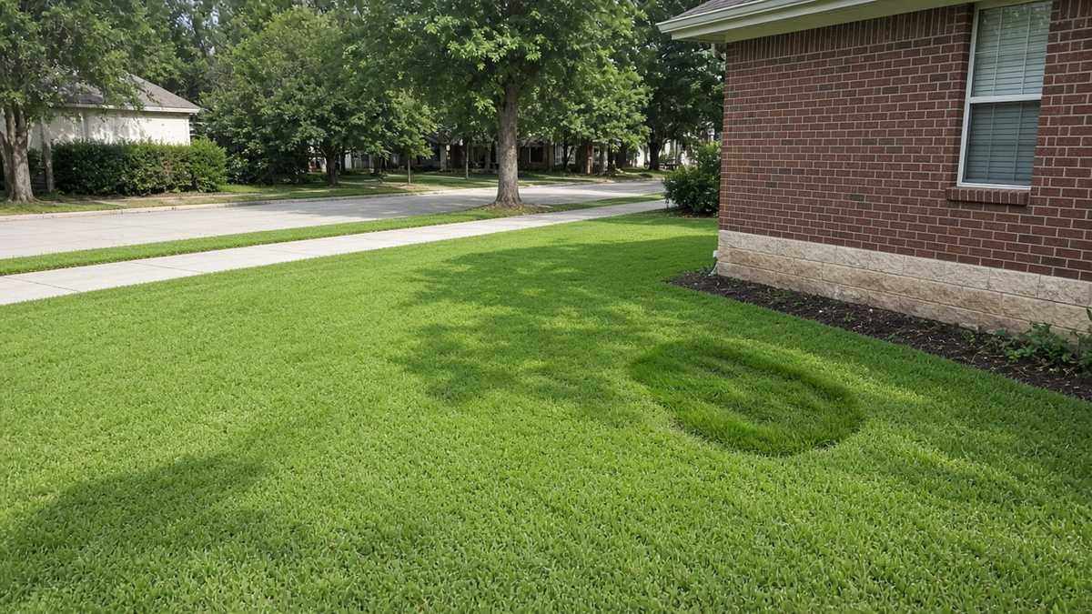 A wet, extra-green patch of lawn beside a Houston home