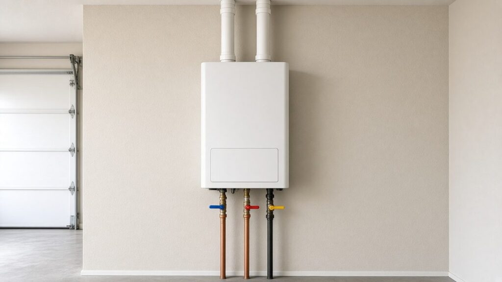 Wall-mounted tankless water heater with service valves installed in a Houston garage