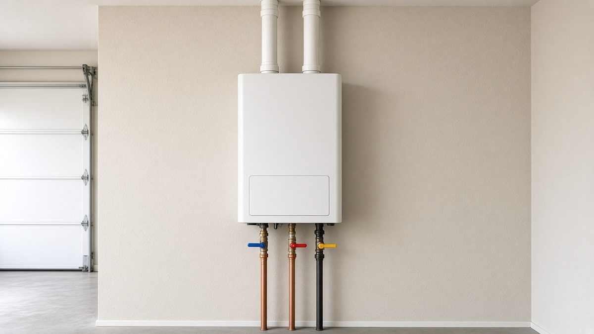 Wall-mounted tankless water heater with service valves installed in a Houston garage