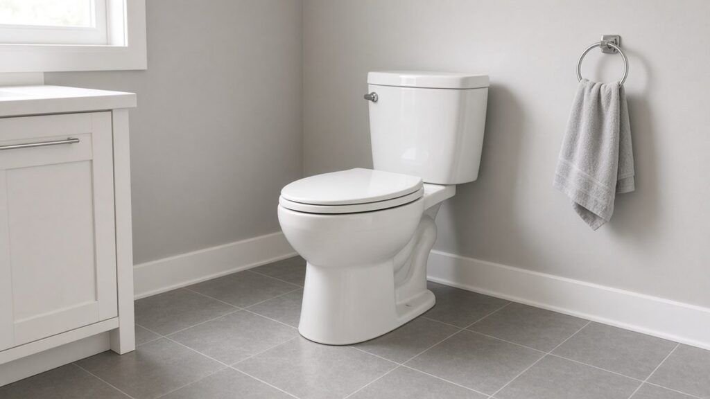 Newly installed white elongated toilet in a clean updated bathroom in a Houston home