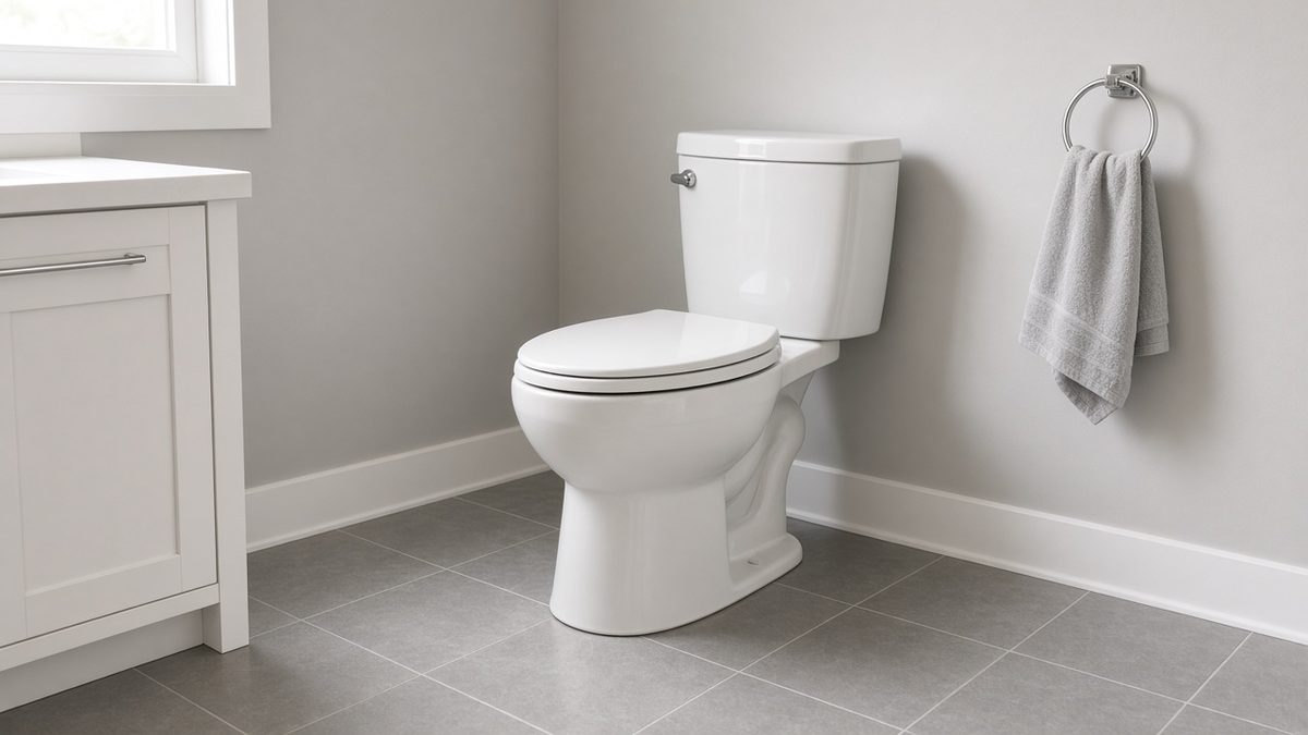 Newly installed white elongated toilet in a clean updated bathroom in a Houston home