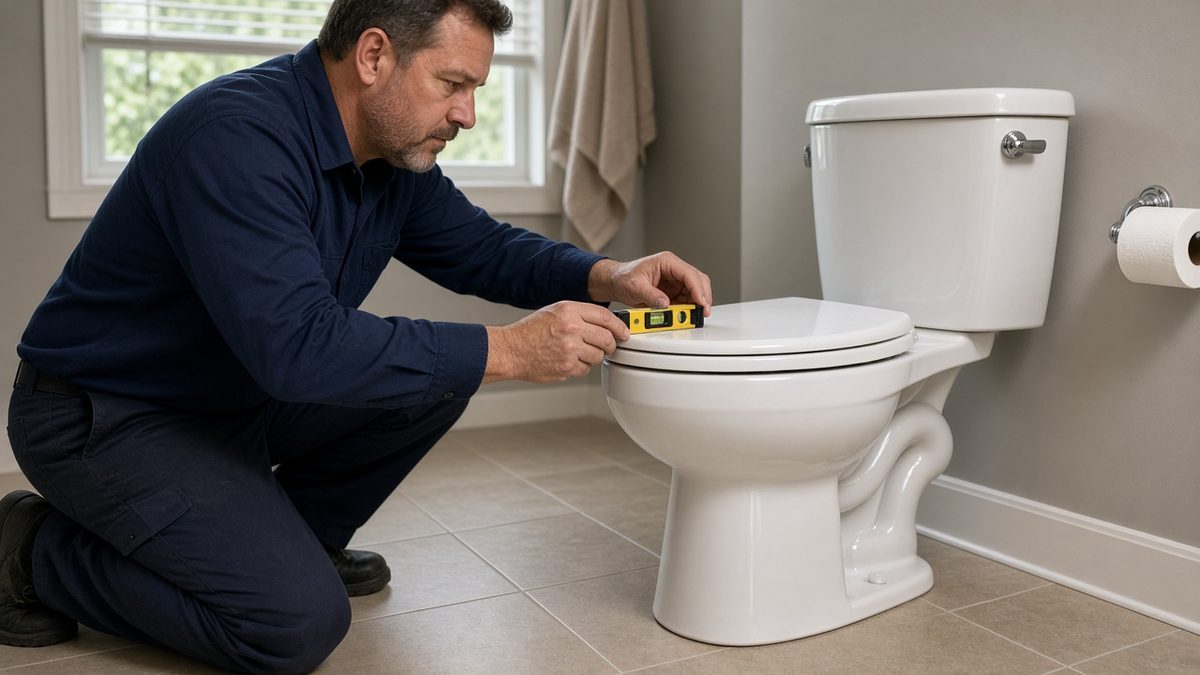 Nick's Plumbing technician checking a newly installed toilet with a level