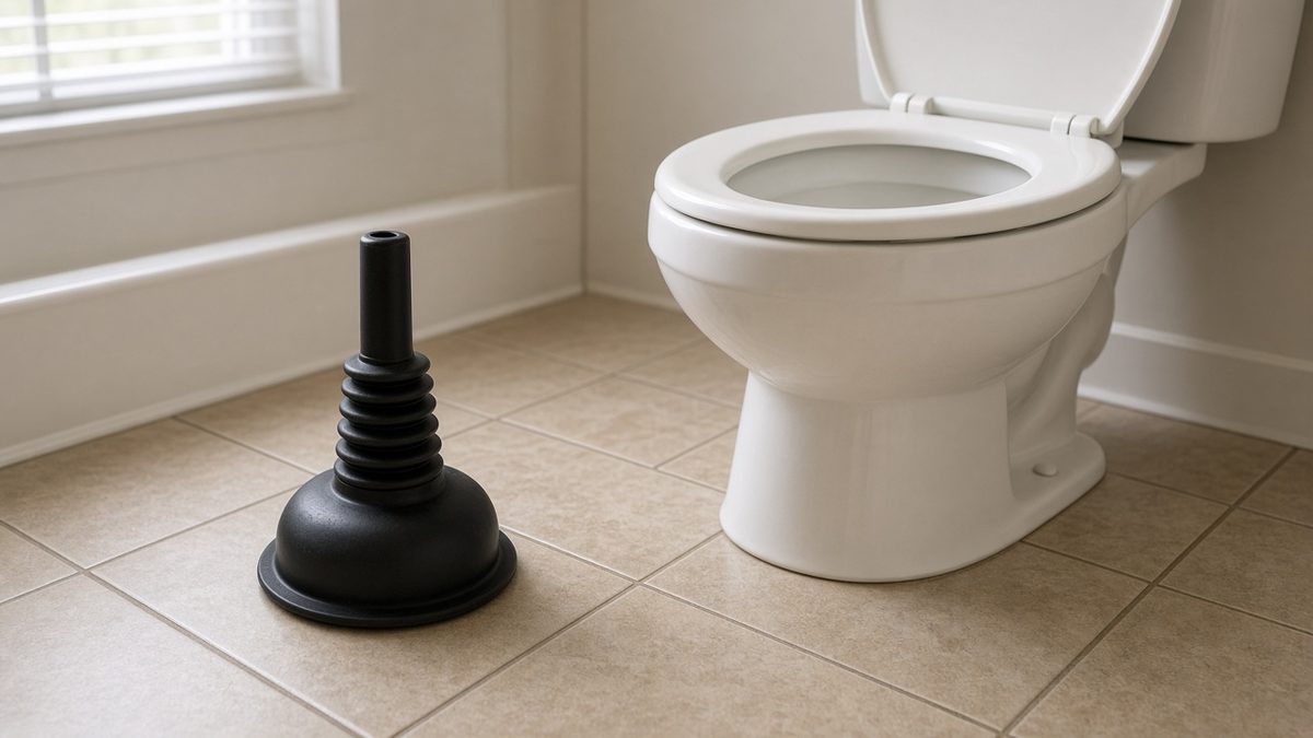 Toilet plunger on the bathroom floor next to a toilet