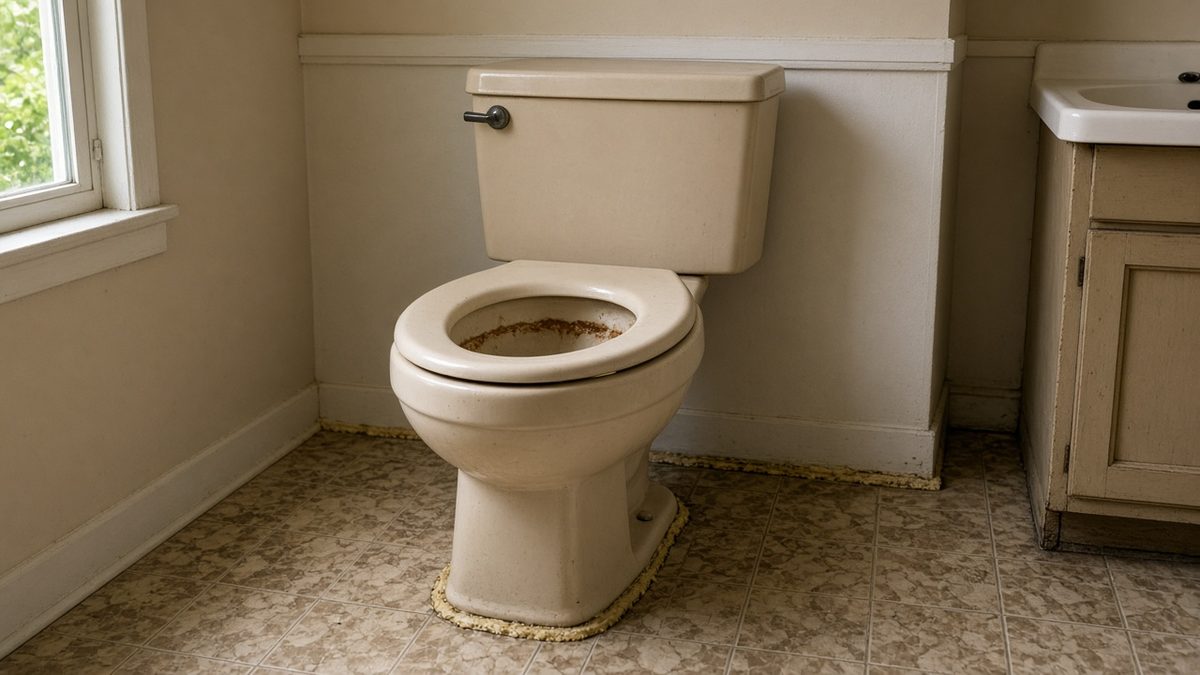 Old beige toilet with hard water stains in the bowl in an older Houston bathroom