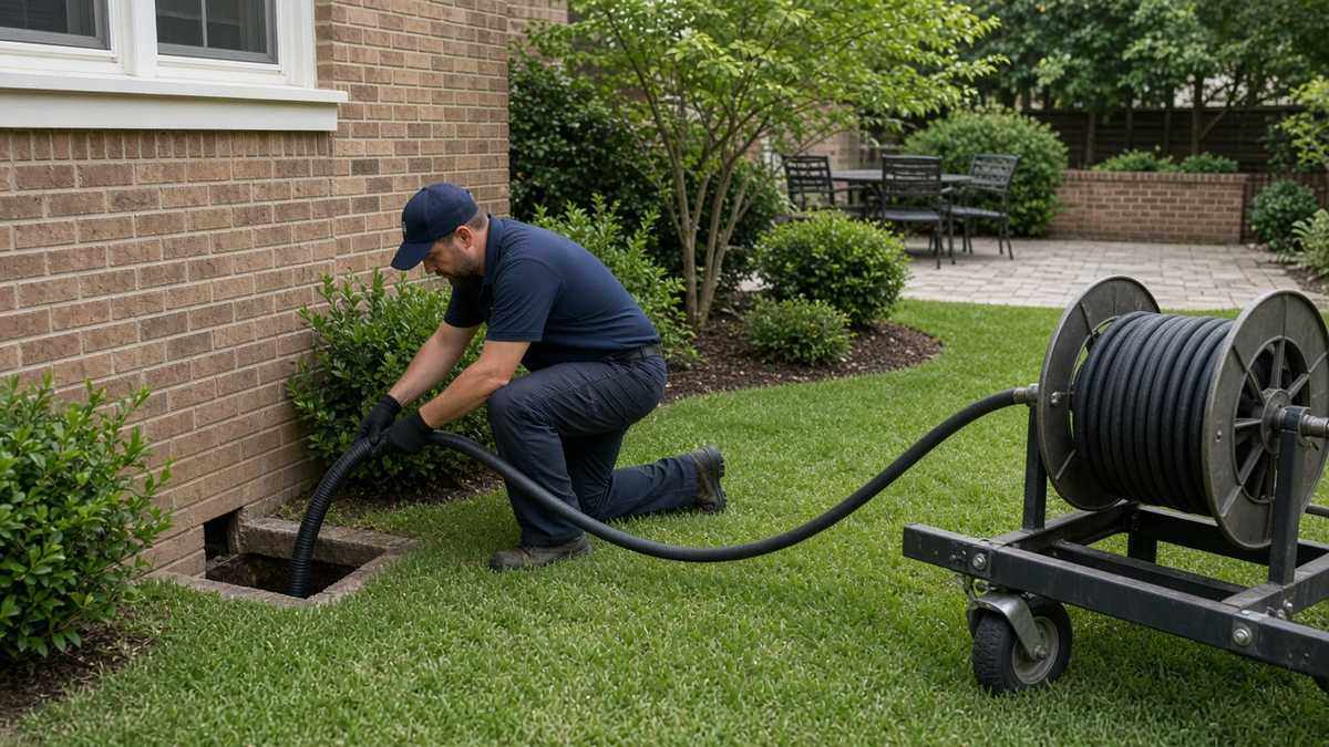 Nick's Plumbing technician feeding a sewer liner into a small access pit beside a house