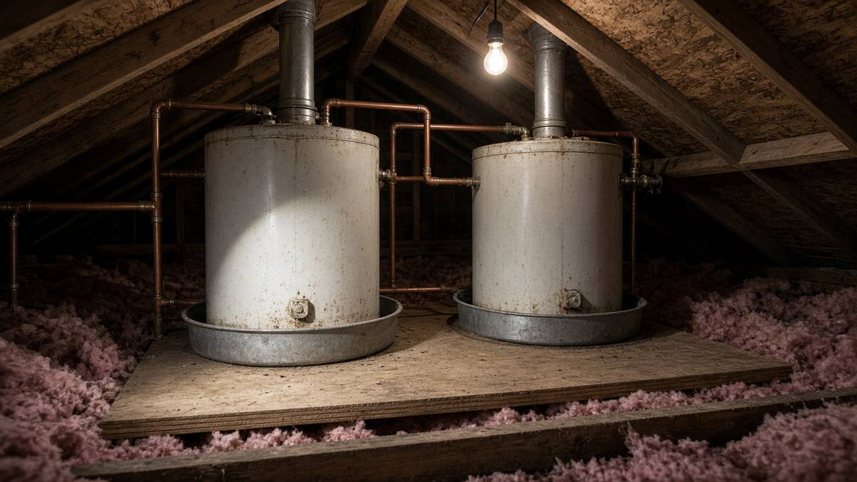 Two aging tank water heaters side by side in the attic of a Houston home