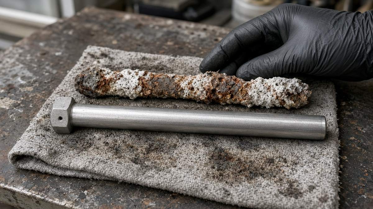 Corroded old water heater anode rod next to a new anode rod