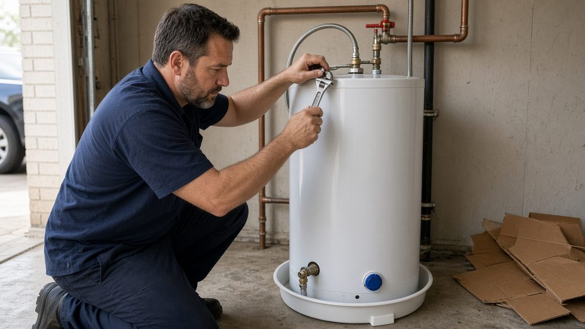 Nick's Plumbing technician connecting the water lines on a new tank water heater in a Houston garage