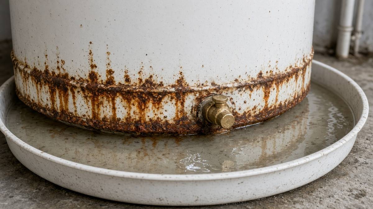 Rusted base of a leaking water heater with water standing in the drain pan