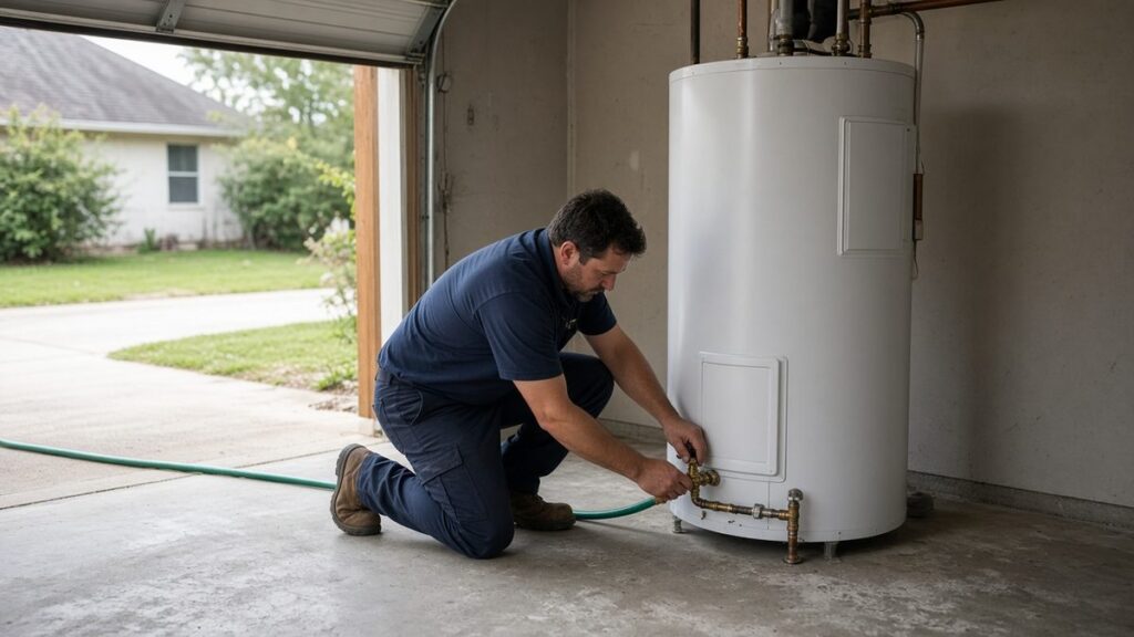 Nick's Plumbing technician flushing a tank water heater with a garden hose in a Houston garage