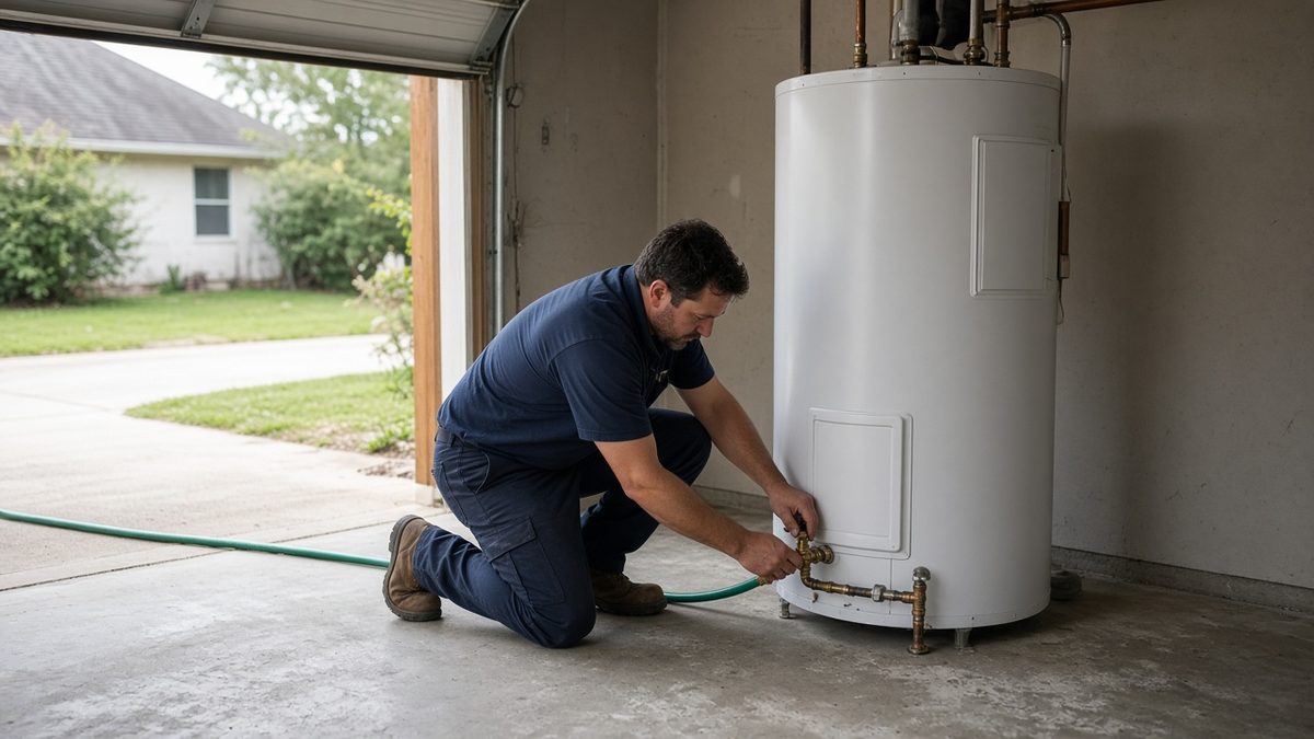 Nick's Plumbing technician flushing a tank water heater with a garden hose in a Houston garage