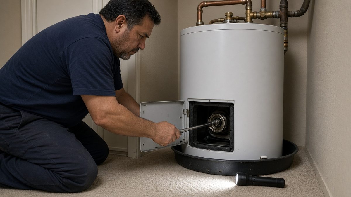 Nick's Plumbing technician replacing a heating element on a water heater in a Houston home