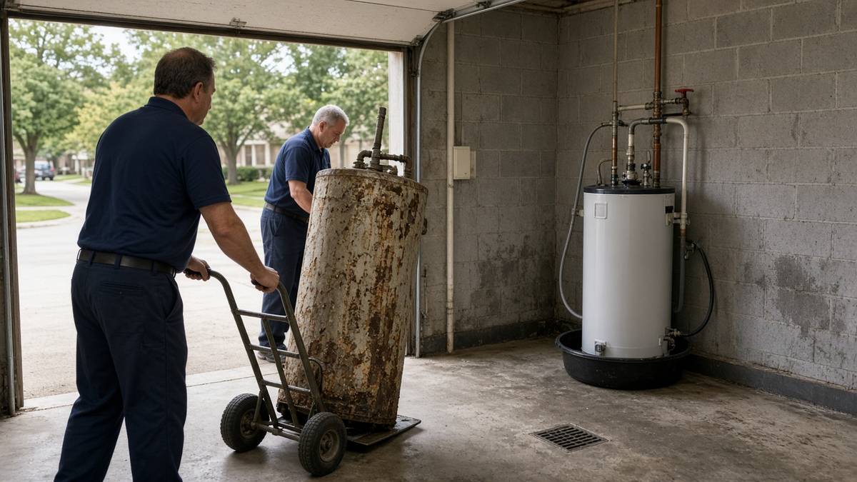 Nick's Plumbing technicians hauling away an old rusted water heater after installing a new one