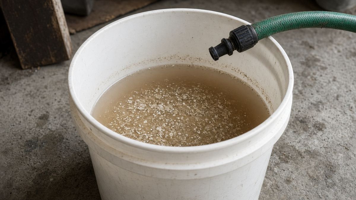 Bucket of cloudy water and mineral sediment drained from a water heater