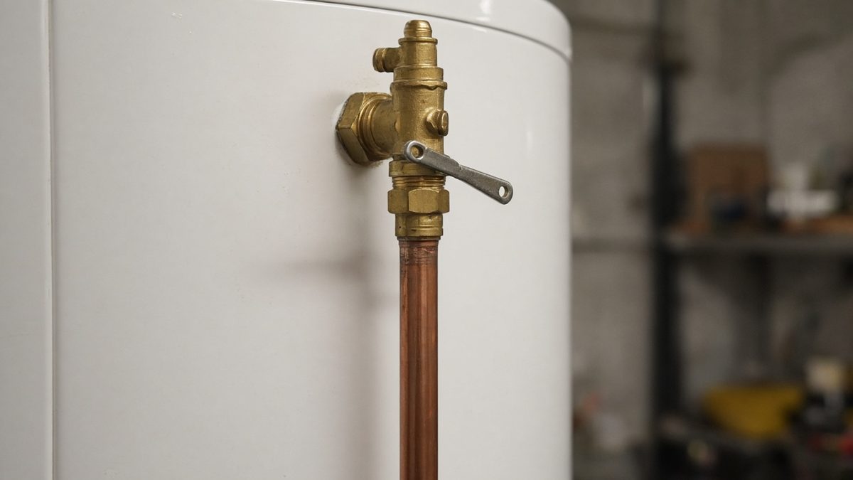 Temperature and pressure relief valve and copper discharge pipe on a water heater