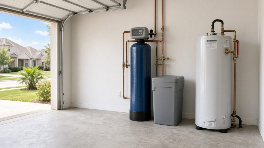 Whole-house water softener with a resin tank and brine tank installed in the garage of a Houston home