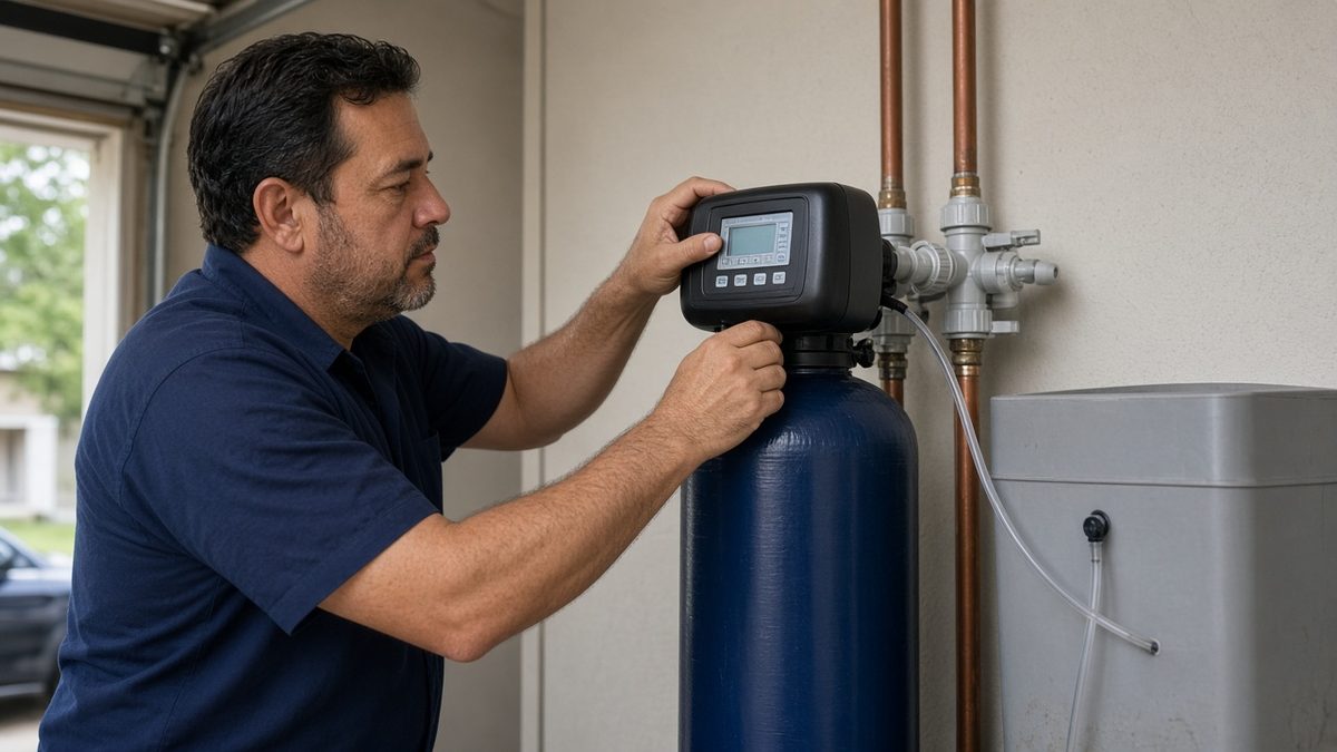 Nick's Plumbing technician programming the control valve on a new water softener in a garage
