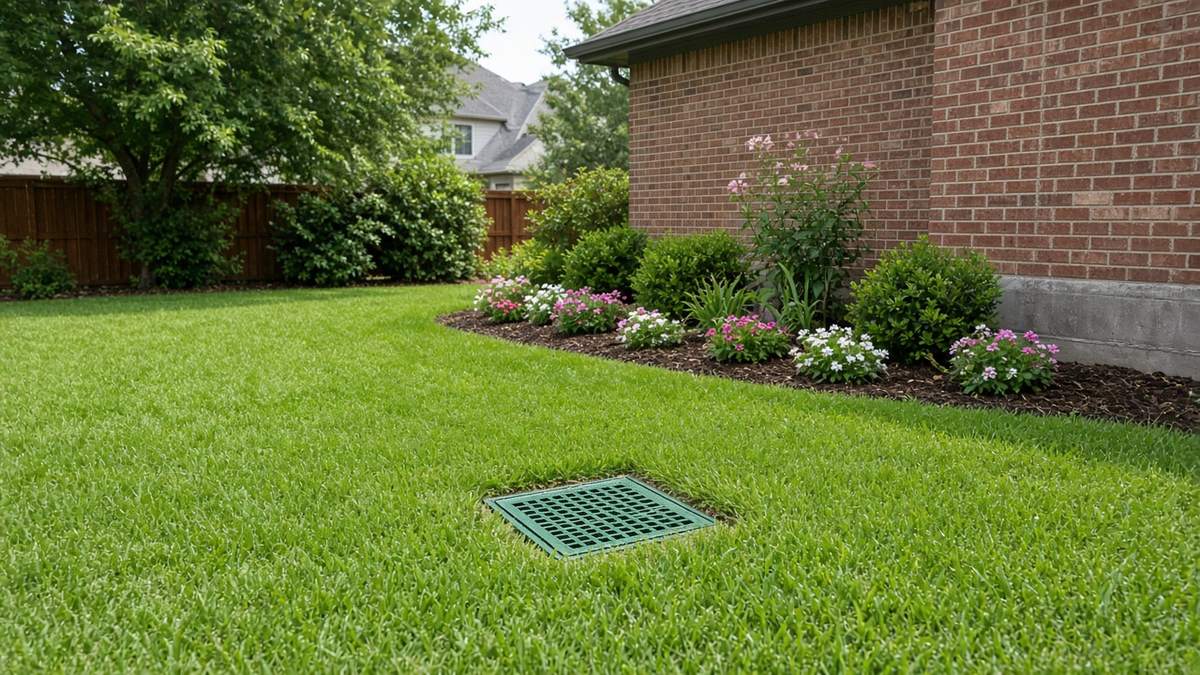 Green catch basin drain grate installed in a St. Augustine lawn beside a brick Houston home