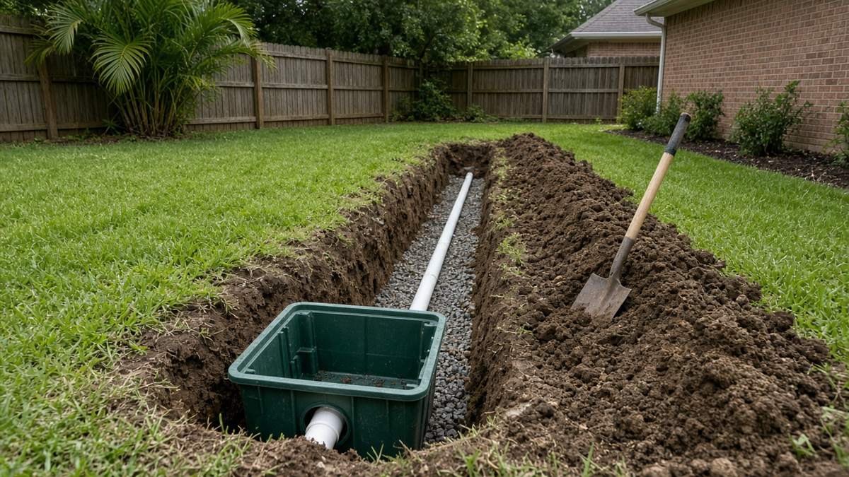Trench with white PVC drain pipe on gravel connected to a buried catch basin during yard drain installation