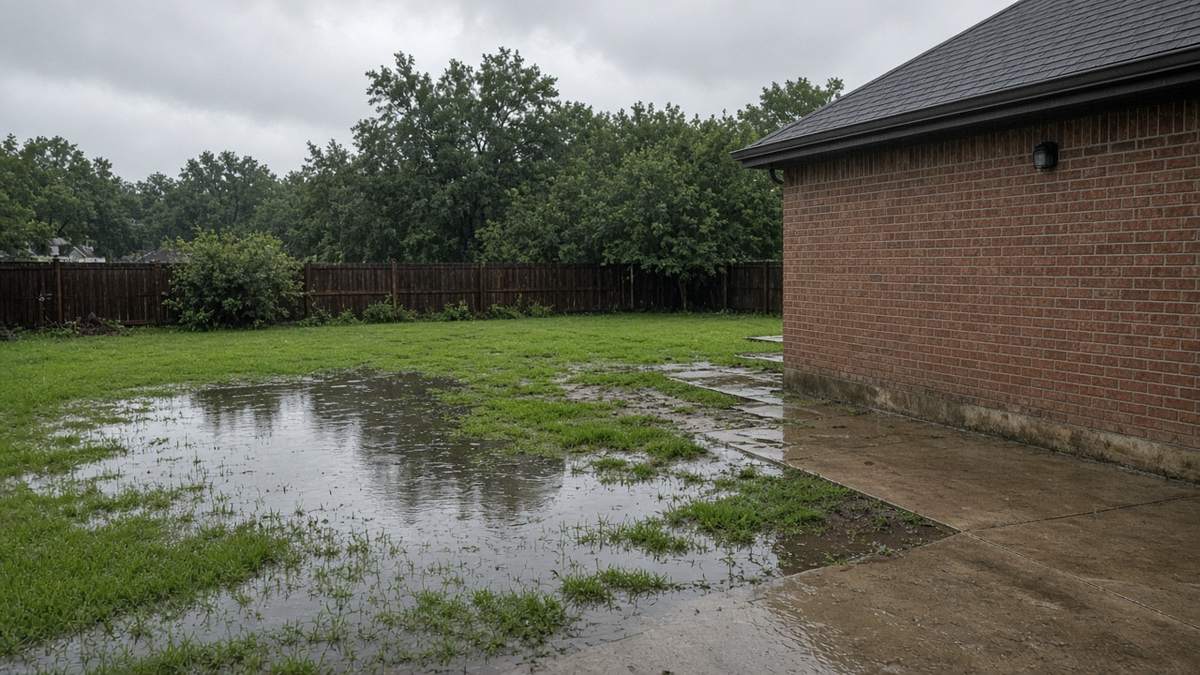 Standing water and mud in a Houston backyard after heavy rain