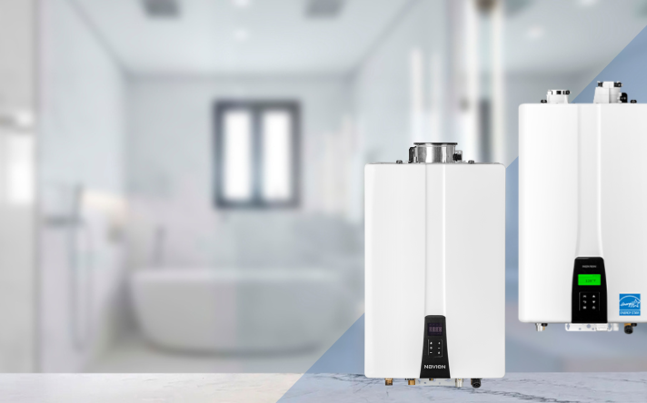 Navien Tankless Water Heaters on a Blurred Bathroom Background